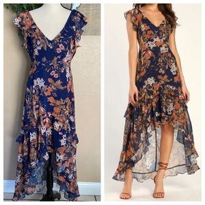 NWOT Lulus Stunning Favorite Navy Blue Floral Ruffled High-Low Maxi Dress